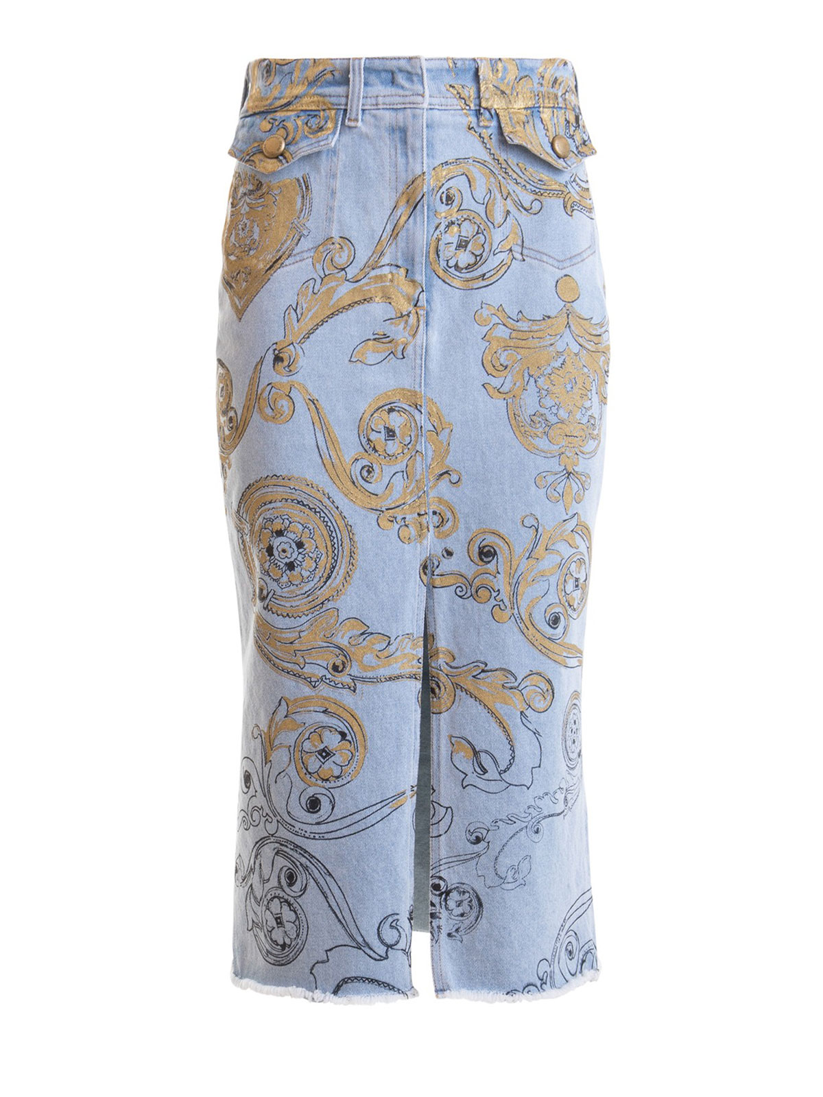 Versace Jeans Couture Patterned Denim Pencil Skirt In Lavado Claro