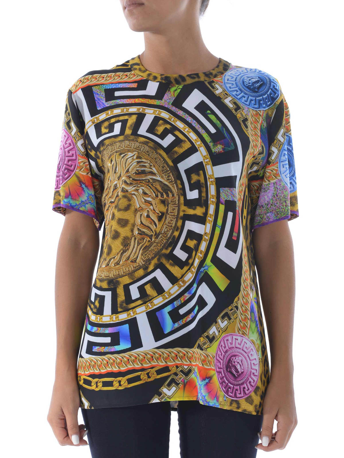 トップス VERSACE python pattern velour neck tee VERSACE COLLECTION Cross Studded T-Shirt, Blue – OZNICO