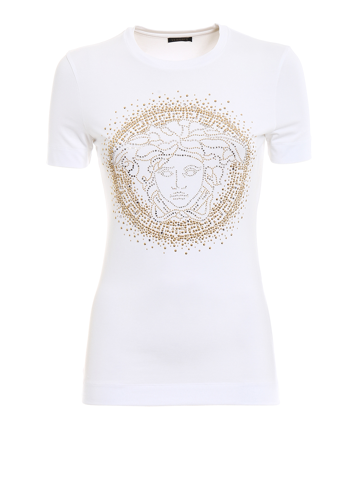 VERSACE メデューサ装飾 クルーネック Tシャツ　レディース Versace Rhinestone Medusa Head Tee - White|A79091A213311A1001